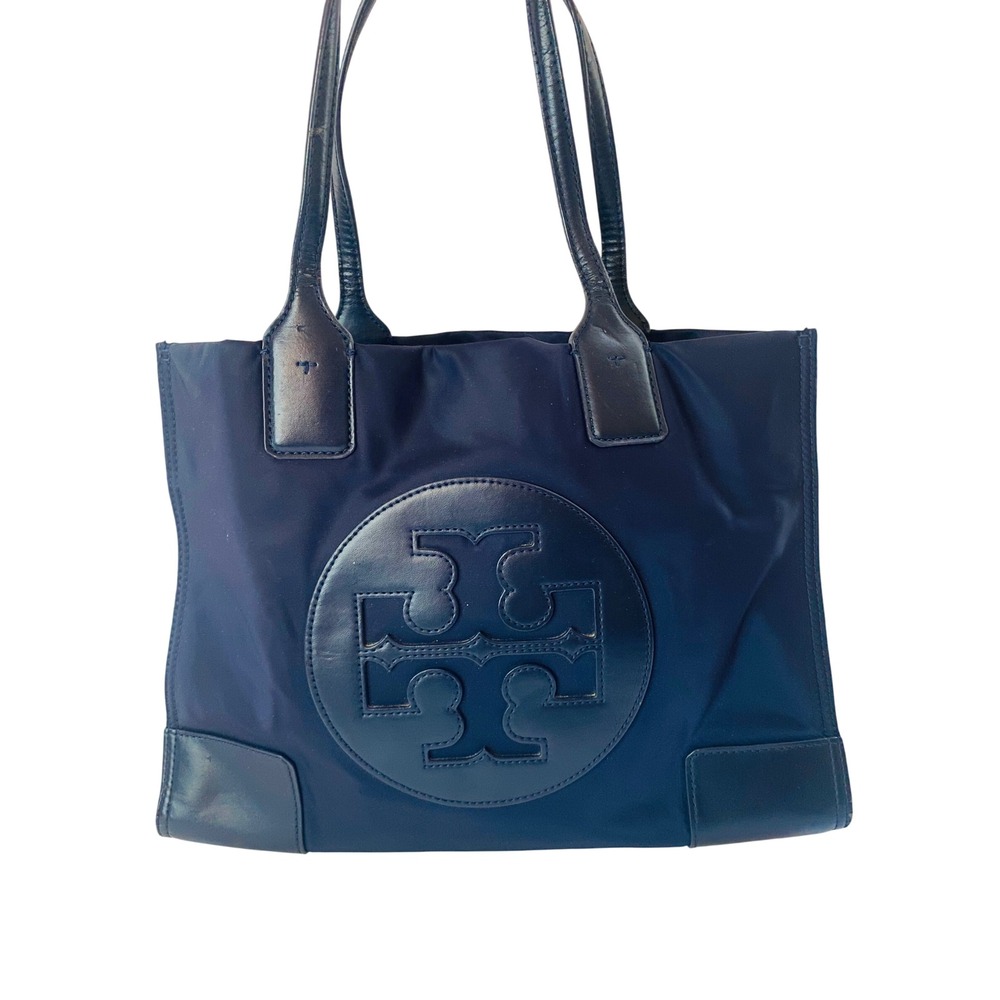 Tory Burch Ella Mini‎ Tote Navy Blue Nylon Leather Trim Handbag Bag